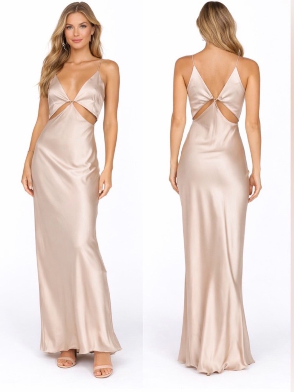 Princess Polly Sz 10 Satin Backless Cutout Satin Slip Maxi Dress in Champagne